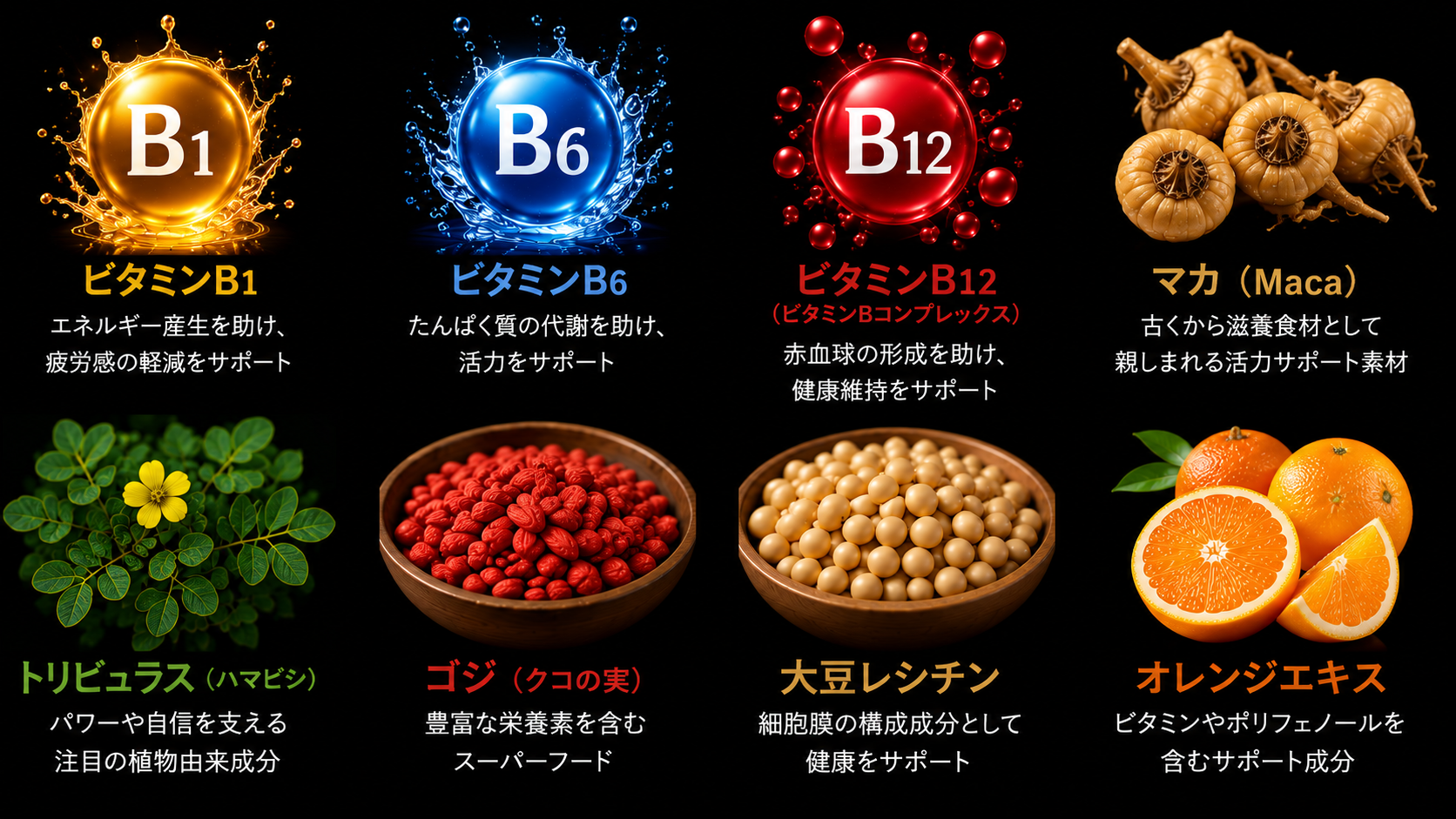 ビタミンB1 エネルギー産生を助け、疲労感の軽減をサポート ビタミンB6 たんぱく質の代謝を助け、活力をサポート ビタミンB12（ビタミンBコンプレックス） 赤血球の形成を助け、健康維持をサポート マカ（Maca） 古くから滋養食材として親しまれる活力サポート素材 トリビュラス（ハマビシ） パワーや自信を支える注目の植物由来成分 ゴジ（クコの実） 豊富な栄養素を含むスーパーフード 大豆レシチン 細胞膜の構成成分として健康をサポート オレンジエキス ビタミンやポリフェノールを含むサポート成分